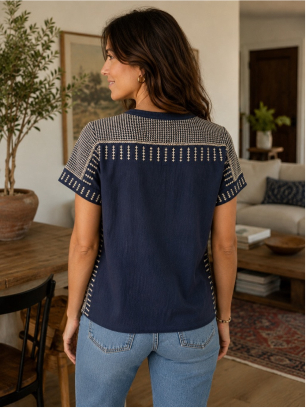 Pure Jill Embroidered Tunic Top Women’s Medium Navy Blue Cotton Linen Boho - Picture 4 of 8